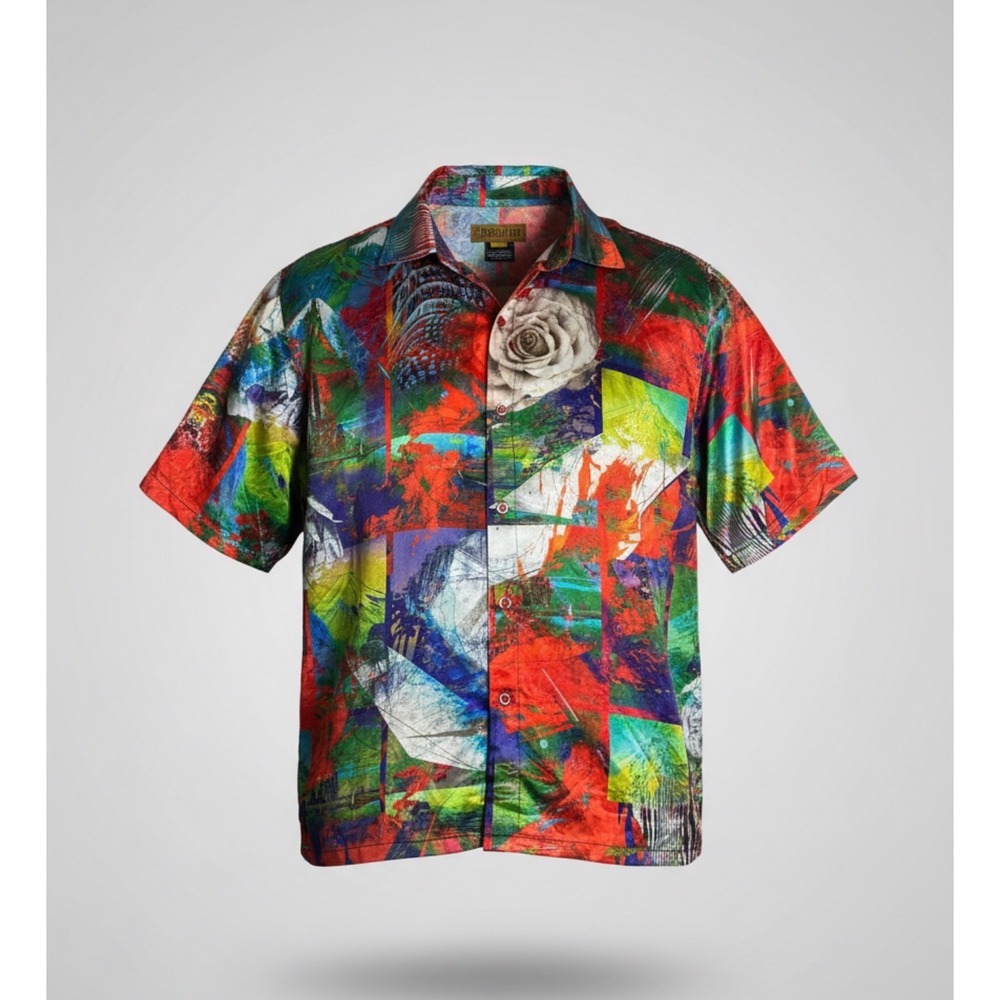 Prestige Original Mens XL Abstract Rose Collage Rayon Button Down Shirt PR-157